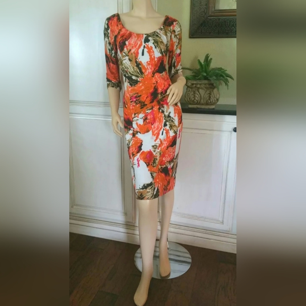 ERDEM ORANGE ABSTRACT FLORAL BODY CON MIDI DRESS UK 14 / US 10 TANYA PRINT